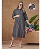 Lovely Mom's Oxford Woven Three Fourth Sleeves Solid Shirt Style Maternity Dress With Nursing Access - Charcoal Grey