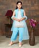 Aarika Silk Woven Sleeveless Sequins Embellished Mirror Work Detailed Kurta Harem Pant With Dupatta & Jacket Set - White & Sky Blue