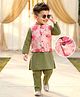 Babyhug Cotton Woven Full Sleeves Kurta Pajama Set with Digital Printed Jacket - Olive Green