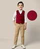 Pine Kids Knit Full Sleeves Three Piece Party Suit Set with Bow - Maroon White & Beige
