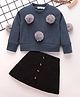 Mark & Mia Full Sleeves Solid Color Top & Skirt Set With Pom Pom Detailing - Navy Blue & Black