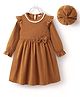 Mark & Mia Full Sleeves Winter Frock With Cap & Lace Detailing & Bow Applique - Light Brown