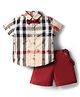 ToffyHouse Poplin Woven Half Sleeves Checks Partywear Shirt & Short Set With Bow & Suspender - Maroon