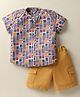 ToffyHouse Poplin Woven Half Sleeves Shirt & Short Set with Abstract Theme Print Mandarin Collar - Khaki & Blue