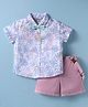 ToffyHouse Poplin Woven Half Sleeves Floral Printed Shirt & Shorts Set With Bow & Suspender - Lavender