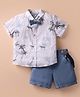 ToffyHouse Poplin Woven Half Sleeves Zebra Printed Shirt & Shorts With Bow & Suspender - White & Blue