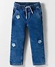 Kookie Kids Full Length Denim Jeans With Floral Embroidery & Elasticated Waist With Drawcord - Blue
