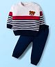 Babyhug Knitted Full Sleeves Sweater Set With Teddy Bear Patch - Red Navy Blue & White
