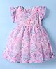 Dew Drops Net Woven Frill Sleeves Frock with Floral Print & Applique - Pink
