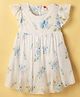 Dew Drops Net Woven Frill Sleeves Frock with Floral Print & Applique - Light Blue & White