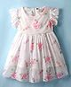 Dew Drops Net Woven Frill Sleeves Frock with Floral Print & Applique - White & Pink