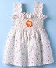 Dew Drops Cotton Woven Sleeveless Smock with Frill Detailing & Floral Print - White & Peach