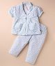 Dew Drops Poplin Woven Half Sleeves Co-ords Night Suit With Floral Print - Light Blue & White