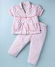 Dew Drops Poplin Woven Half Sleeves Co-ords Night Suit With Floral Print - Pink & White