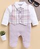 Wonderchild Full Sleeves Checked Romper With Attached Bow & Waistcoat - White & Mud
