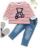 Wonderchild Full Sleeves Striped & Bear Embroidered Tee & Pant - Light Milange