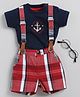 Wonderchild Half Sleeves Anchor Embroidered Shirt & Checked Shorts With Suspender Set - Navy Blue & Red
