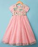 Babyhug Woven Half Sleeves Ethnic Dress With Sequin Detailing & Net Embroidered - Peach