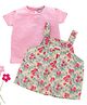 Wonderchild Floral & Strawberry Printed Pinafore Dress With Half Sleeves Top Set - Pink