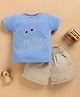 Wonderchild Half Sleeves Teddy Bear Patch Embroidered Tee & Shorts Set - Blue & Fawn
