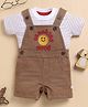 Wonderchild Sunshine Embroidered Dungaree & Half Sleeves Striped Tee Set - White & Snuff