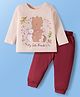 Doodle Poodle 100% Cotton Knit Full Sleeves Top & Joggers Set With Animal Print - Light Peach & Maroon