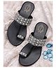 Shoetopia Pearl & Stone Embellished Flat Sandals - Black