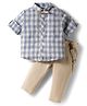 ToffyHouse 100% Cotton Woven Full Sleeves Checkered Shirt & Trouser Set with Bow & Suspender - Tan & Light Blue