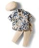 ToffyHouse 100% Cotton Knit Full Sleeves Floral Printed Shirt & Trouser Set with Hat Suspender & Bow - Tan