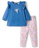 ToffyHouse Cotton Knit Full Sleeves Embroidered Denim Top with Frill Detailing & Floral Printed Leggings - Navy Blue