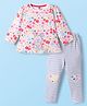 ToffyHouse Interlock Knit Full Sleeves Top & Lounge Pant Set With Floral Print & Bunny Patch - White & Grey