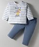 ToffyHouse Cotton Knit Full Sleeves Striped T-Shirt & Woven Corduroy Pants Set With Cute Animals Embroidery - White &  Blue