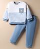 ToffyHouse 100% Cotton Knit Full Sleeves T-Shirt & Lounge Pant Set With Stripes & Animal Embroidery - Light Blue