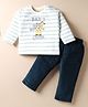 ToffyHouse Cotton Knit Full Sleeves Striped T-Shirt & Lounge Pant Set With Animal Embroidery - White & Navy Blue
