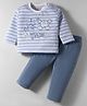 ToffyHouse 100% Cotton Knit Full Sleeves Striped T-Shirt & Joggers Set with Animal & Text Embroidery - Light Blue