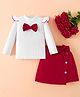 Mark & Mia Full Sleeves Top Skirt & Belt Set With Bow Applique & Frill Detailing - Red & White