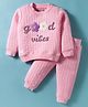 Little Darlings Knit Full Sleeves Winter Wear T-Shirt & Lounge Pant With Floral Embroidery - Pink