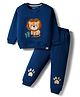 Little Darlings Fleece Knit Full Sleeves Winter Wear T-Shirt & Joggers Set With Lion Patch & Embroidery - Navy Blue