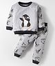 Little Darlings Fleece Knit Full Sleeves Winter Night Suit with Penguin Print & Embroidery - Grey