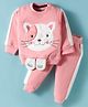 Little Darlings Velvet Knit Full Sleeves T-Shirt & Lounge Pant Set With Cat Embriodery - Pink