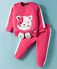 Little Darlings Velvet Knit Full Sleeves T-Shirt & Lounge Pant Set With Cat Embriodery - Fuchsia