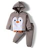 Little Darlings Fleece Knit Full Length Winter Wear Hooded T-Shirt & Lounge Pant Set With Bird Embroidery & Leg Applique - Grey