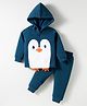 Little Darlings Fleece Knit Full Length Winter Wear Hooded T-Shirt & Lounge Pant Set With Bird Embroidery & Leg Applique - Teal Blue