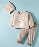 ToffyHouse Cotton Knitted Full Sleeves Winter Wear Sweatshirt & Lounge Pant with Cap Bear & Striped Design - Off White & Brown