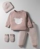 ToffyHouse Knit Full Sleeves Winter Wear Striped T-Shirt & Lounge Pant With Cap & Mittens - Light Pink