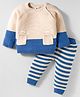 ToffyHouse Knitted Full Raglan Sleeves Winter Wear T-Shirt & Lounge Pant Set With Stripes & Animal Patch - Cream & Blue