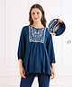 Bella Mama Woven Three Fourth Sleeves Maternity Top With Floral Embroidered Yoke - Navy Blue