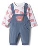 ToffyHouse Knitted Dungaree Style Romper & Full Sleeves  T-Shirt with Bear Patch - White & Blue