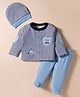 ToffyHouse Cotton Knit Full Sleeves Front Open Striped T-Shirt & Footed Lounge Pant Set with Cap & Vehicle Embroidery - Navy Blue