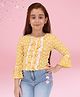 Cutecumber Woven Three Fourth Bell Sleeves Floral Printed Lace Detailed Top - Yellow